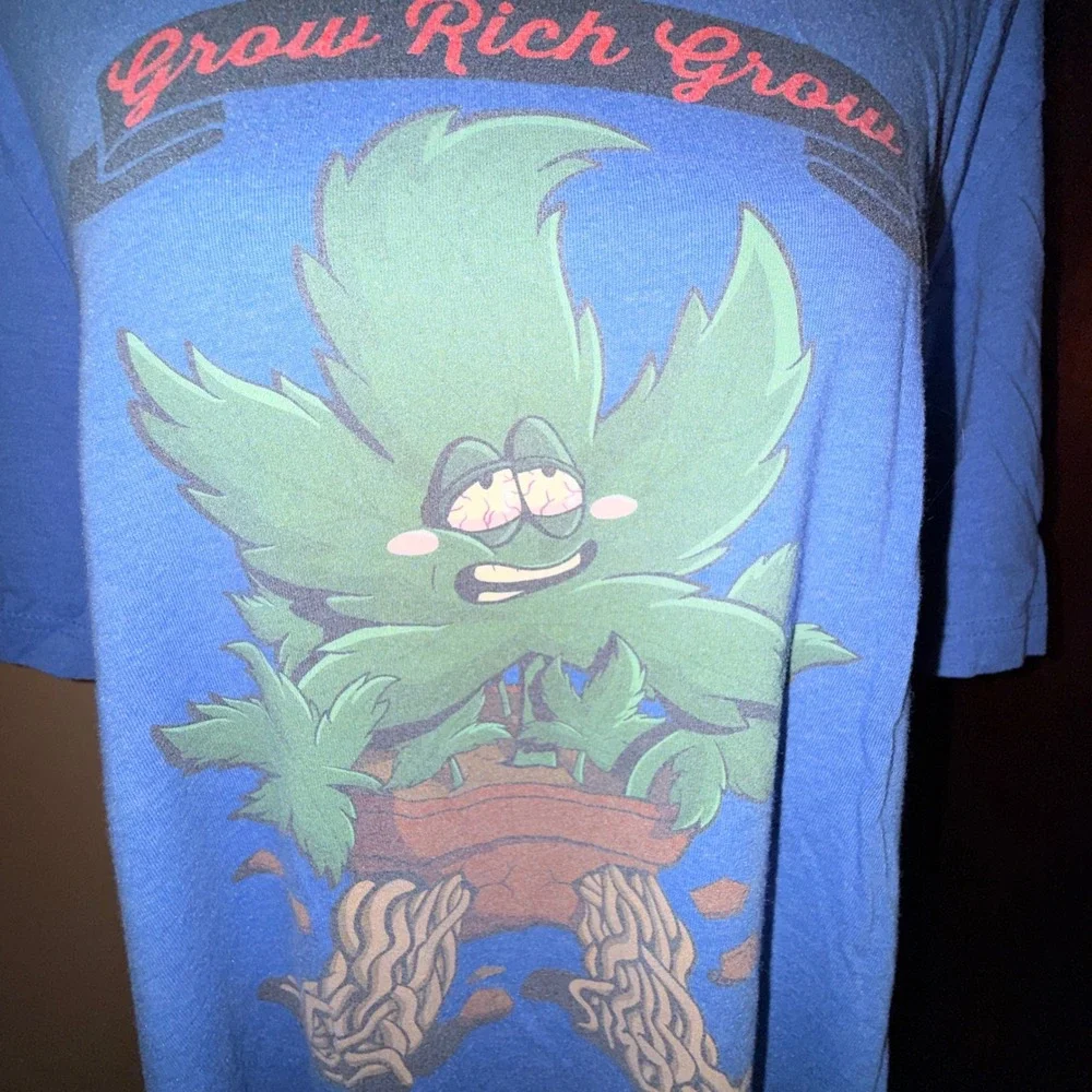 Bella Canvas Grow Rich Grow T-Shirt Mens XL Blue Good Graphic Pot‎ Leaf Humor